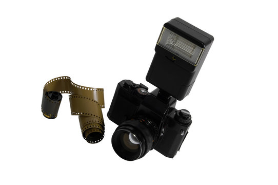 Analogkamera mit Blitz und Filmstreifen - ISOLATED
