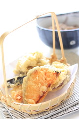 Japanese food, vegetable tempura on bamboo basket