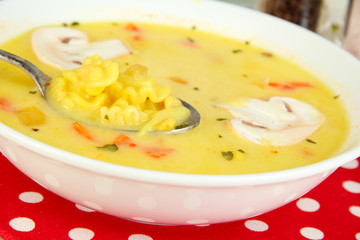 Fragrant soup in white plate on table close-up