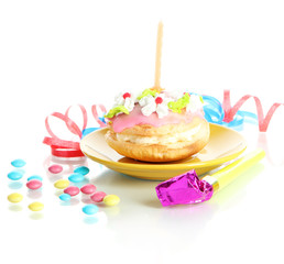 Colorful birthday cake with candle isolated on white