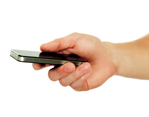 Mobile phone with hand, isolated on white background