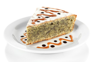 Delicious poppy seed cake isolated on white