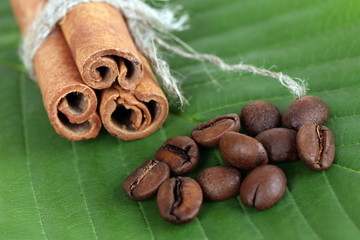 Obraz na płótnie Canvas Coffee grains and cinnamon on green leaf close-up
