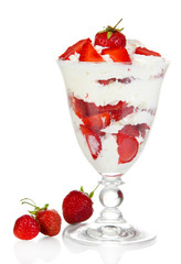 Natural yogurt with fresh strawberries isolated on white