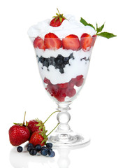 Natural yogurt with fresh berries isolated on white