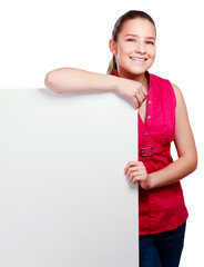 A smiling woman with a blank, isolated on white background
