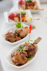 Arrangement of Appetizers, Grilled Chicken Canapes.