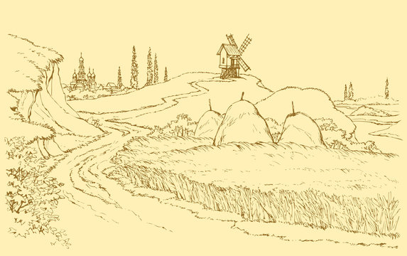 Vector landscape. Mill on the hill among wheat fields