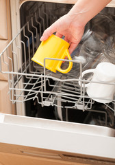 Hand putting a mug into a dishwasher