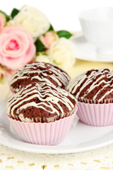 Sweet chocolate cupcakes close up