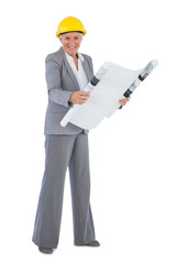 Smiling architect wearing hardhat and holding plan