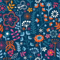 Seamless texture with flowers and butterflies. Endless floral pa