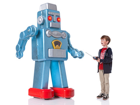 Boy Controlling A Giant Robot