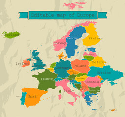 Editable map of Europe with all countries.