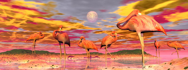 Obrazy na Plexi  Flamingi o zachodzie słońca - renderowanie 3D