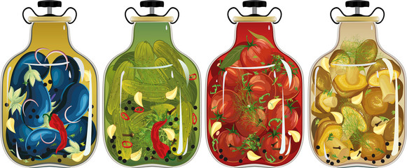 Glass jars with pickled vegetables and mushrooms - 54546540