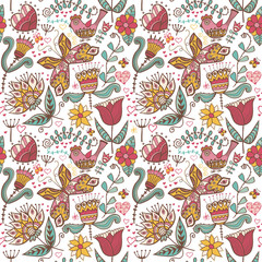 Obraz premium Seamless texture with flowers, birds and butterflies. Seamless p