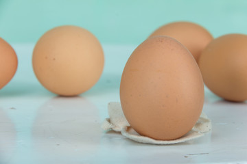 Eggs on wood blue tabel