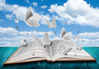 Open book with butterflies letters on blue sky