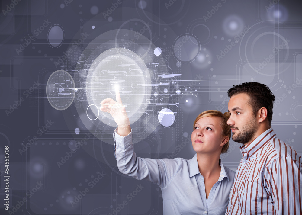 Poster happy couple touching abstract high technology circular buttons