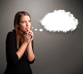 Pretty lady thinking about cloud speech or thought bubble with c