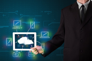 Businessman showing hand drawn cloud computing