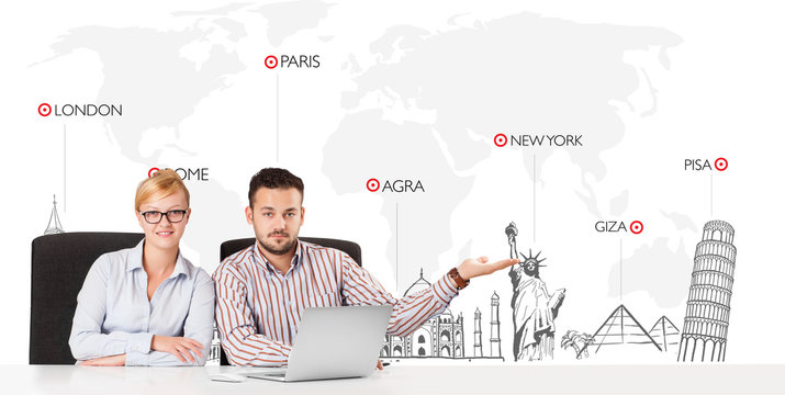 Businessman and businesswoman with world map and major landmarks