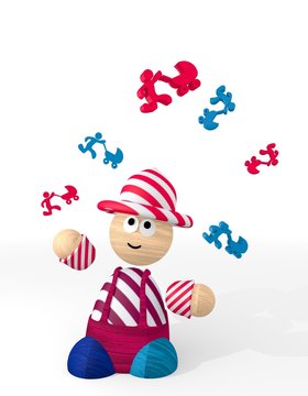 Illustration of a cute baby buggy icon juggled by a clown