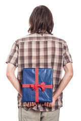 Rear view of man with blue present