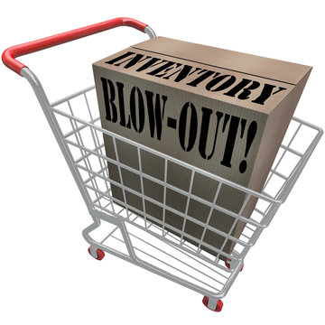 Inventory Blowout Words Cardboard Box Shopping Cart Blow-Out