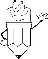 Outlined Happy Pencil Character Waving For Greeting