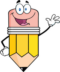 Happy Pencil Character Waving For Greeting