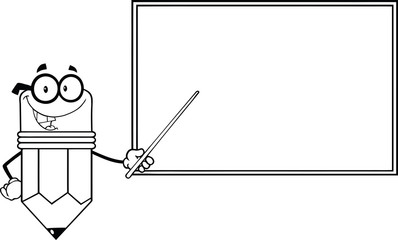 Outlined Pencil Teacher With A Pointer In Front Of Chalkboard