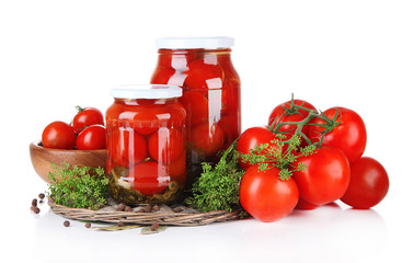 Tasty canned and fresh tomatoes, isolated on white