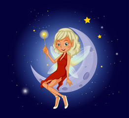 A fairy holding a magic wand sitting at the crescent moon