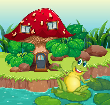 A frog and a mushroom house