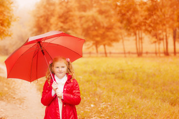 little girl with umbrella in autumn park