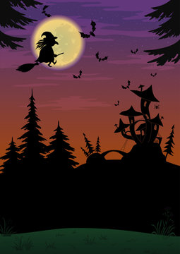 Halloween landscape with witch
