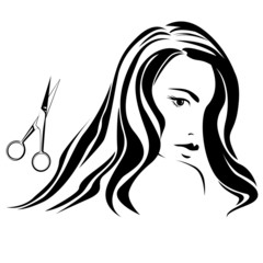 Dark haired girl with scissors in beauty salon b&w