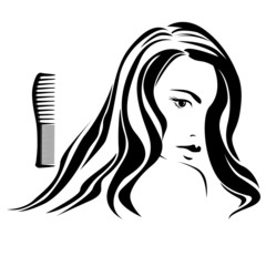 Dark haired girl with brush in beauty salon b&w