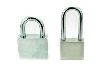 Closed padlock with key on a white background with reflections..
