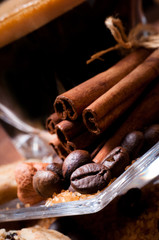 Various kinds of sugar, nuts and coffee beans