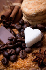 Various kinds of sugar, nuts and coffee beans
