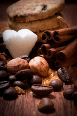 Various kinds of sugar, nuts and coffee beans