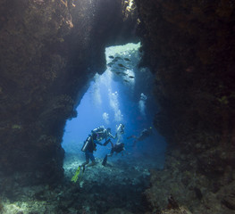 Scuba divers in an underwater cavern