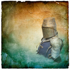 Armored knight in helmet with shield - retro postcard
