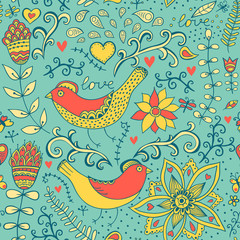 Seamless texture with flowers and birds. Endless floral pattern.