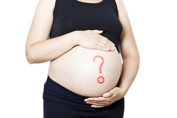 Pregnant woman with question mark on belly