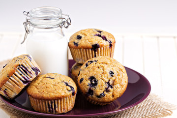 Healthy blueberry banana muffins with milk