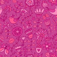 Seamless texture with flowers and birds. Endless floral pattern.